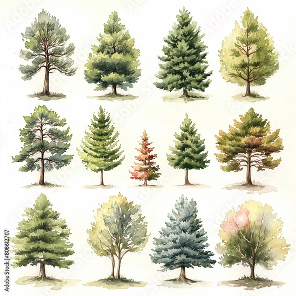 Fototapeta A set of twelve trees, including pine, spruce, and fir trees