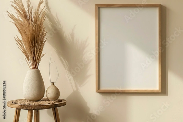 Fototapeta Bohemian Vignette: A light beige wall features an empty wooden frame waiting for a masterpiece. Sunbeams dance around a boho vase overflowing with dried flowers, creating a warm and inviting scene.