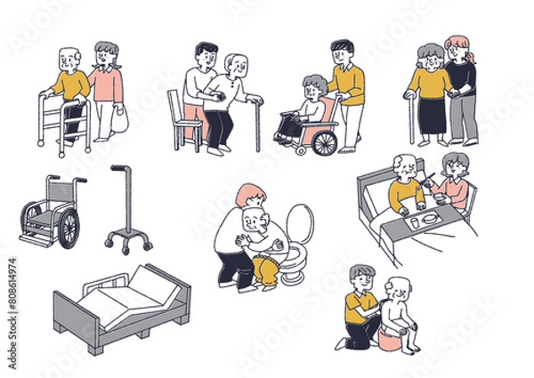 Obraz さまざまな介護シーンのイラストセット