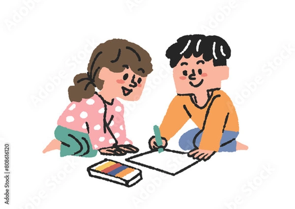 Fototapeta 二人でお絵描きをしている子供たちのイラスト　コミカルな手書きの人物　ベクター、線画にカラー