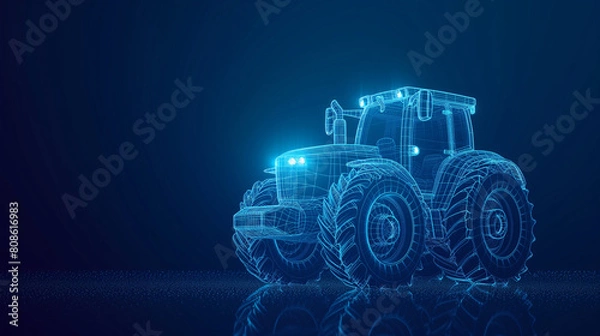 Fototapeta Farm tractor in a blueprint wireframe style. IoT technology in agricultural.