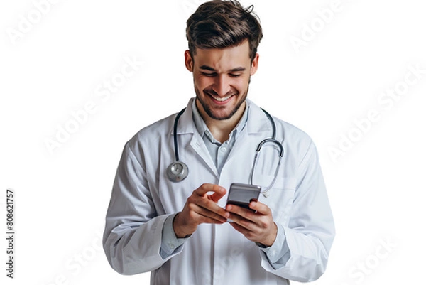 Obraz Cheerful young doctor in white coat smiling while looking at screen of his phone on isolated transparent background