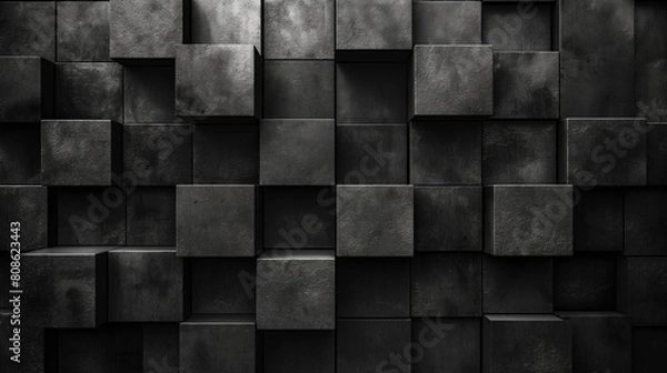Fototapeta A black and white photo of a wall made of black cubes