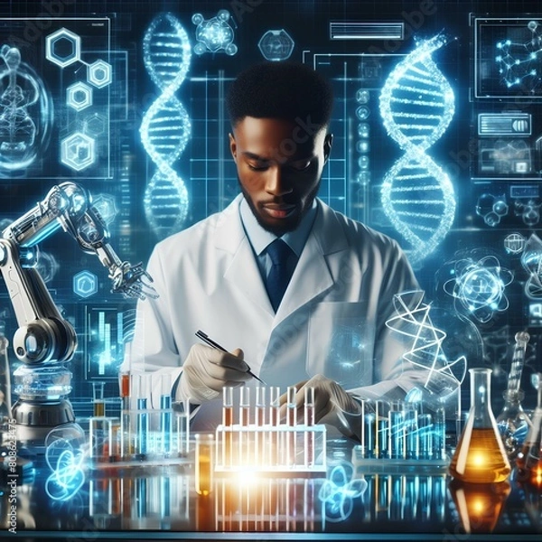 Fototapeta scientist in laboratory, scientist working in lab, Innovative scientist working in a futuristic laboratory