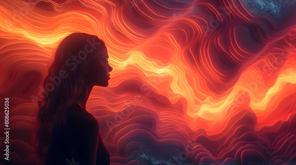 Obraz A silhouette of a woman against the background of a volcanic wall that has split and lava is visible in the crack.