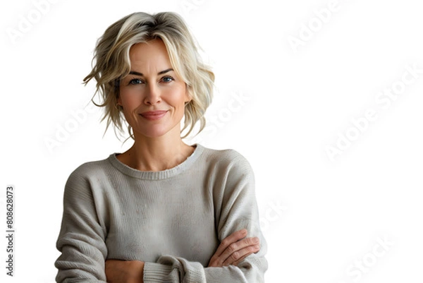 Obraz Happy blond haired mid aged woman standing on isolated transparent background