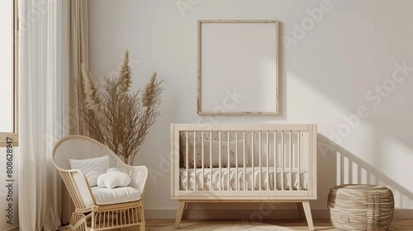 Fototapeta Modern nursery room with a minimalist approach, featuring an empty frame mockup in a serene, light-filled setting