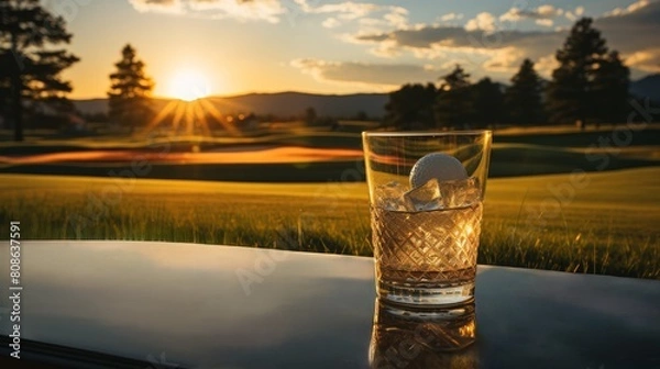 Obraz White golf ball in the glass of whiskey cocktail, Enjoy the view with a refreshing drink in hand. The perfect way to end a day on the golf course.