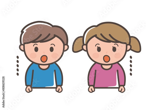 Fototapeta 口を開けてぽかーんとする男の子と女の子の上半身イラスト（小学生、幼児、子供）
