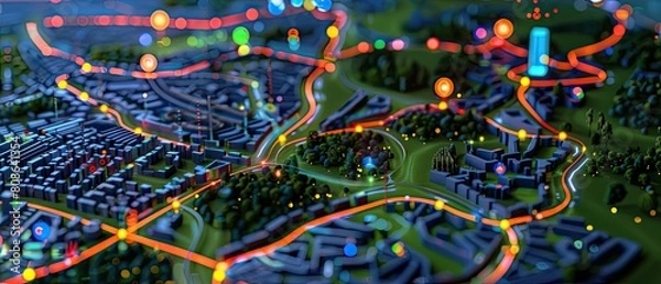 Obraz Close up of a futuristic city public transport system map, seamless urban mobility