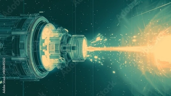 Fototapeta Illustration of a high-tech ion thruster emitting a powerful energy beam in space, detailed in cyan and blue hues