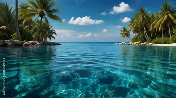Fototapeta Paradise beach with palm trees and sailboat in tropical sea in Key West, Florida. Generative. Ai
