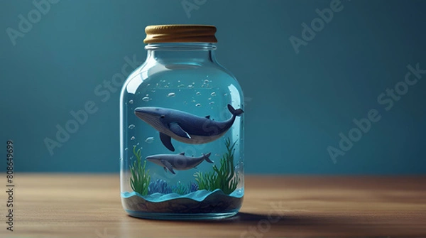Fototapeta World oceans day concept card design, the blue whale in a bottle of water. protect animals and the environment, paper illustration, and 3d paper with copy space created with. Generative Ai.
