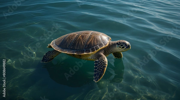 Fototapeta Vertical closeup view of a green sea turtle swimming under the ocean. Generative .Ai
