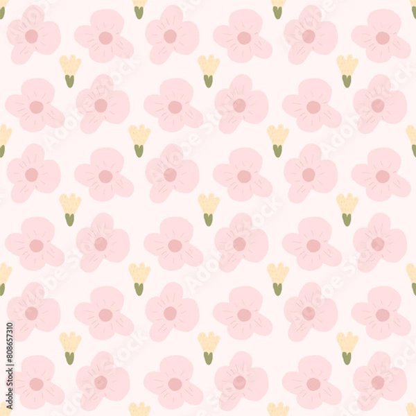 Fototapeta Floral childish seamless pattern. Flowers elements endless background. Botanic repeat cover. Summer simple loop ornament. Vector hand drawn illustration.