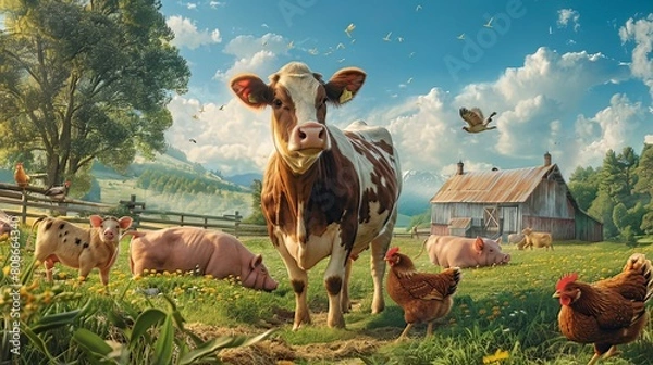 Obraz Barnyard Animals: In the barnyard, a mix of animals--cows, chickens, and pigs--go about their day, each contributing to the farm's rhythm and productivity