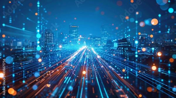 Fototapeta Digital streams of data and light particles rush through a cybernetic cityscape, depicting network connectivity and urban technology synergy.