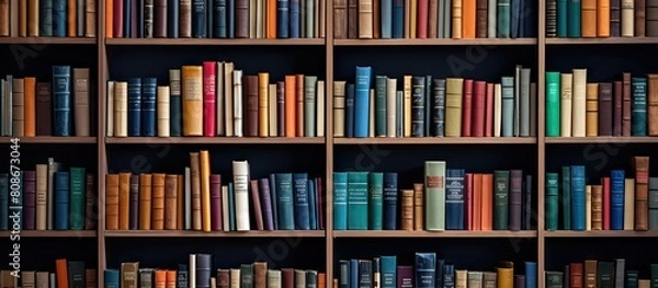Fototapeta Library shelves filled with rows of books providing a perfect backdrop for text A powerful representation of knowledge and the pursuit of learning Copy space image