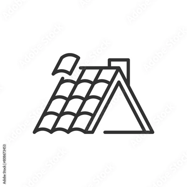 Fototapeta Roofing a roof, Installing shingles on a roof, linear icon. Tile roof. Line with editable stroke