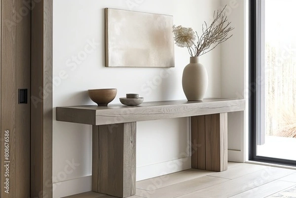 Fototapeta Sleek console table with minimalist design complemented by simple home decor in a bright interior