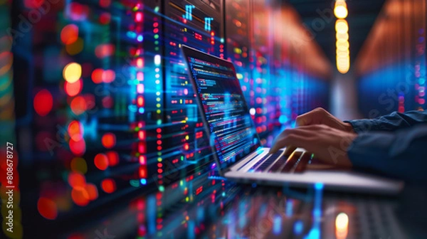 Obraz A cybersecurity expert codes on a laptop in an illuminated server room, showcasing high data security.