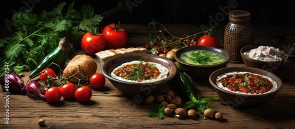 Fototapeta On an old wooden background there is a copy space image of a variety of products required to make the classic Turkish dish Imam Bayildi These include fresh ripe vegetables and sumac all cooked with o