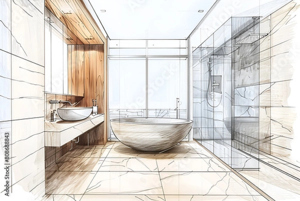 Obraz Hand drawn color sketch of modern luxury bathroom interior with freestanding bath and panoramic window Interior design concept