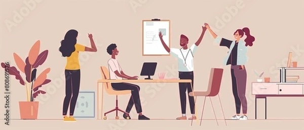 Fototapeta In college room, female and male students from diverse backgrounds are taught software engineering by a lecturer who advises them. Teacher gives high five to diverse multiethnic group of students.