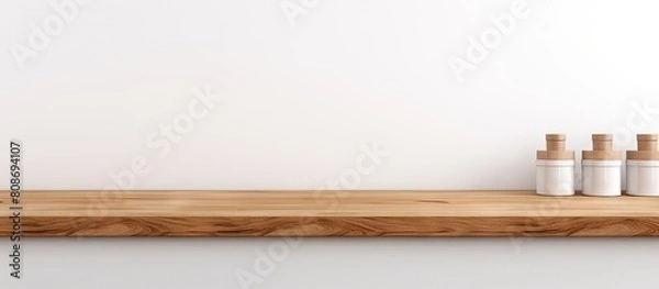 Fototapeta White background with a wooden counter in a perspective view This image includes a clipping path for product display or design layout purposes. Copy space image. Place for adding text and design