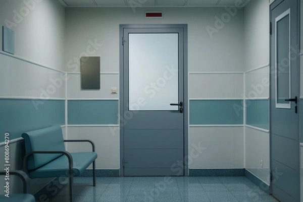 Fototapeta Serene hospital hallway with a closed door leading to a clinic or medical office, showcasing a calm healthcare environment