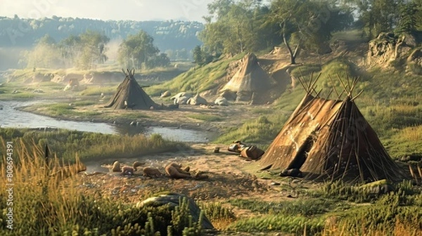 Fototapeta Nomadic Lifestyle: Stone Age societies were often nomadic, moving from place to place in search of food, water, and shelter, adapting to changing environments 