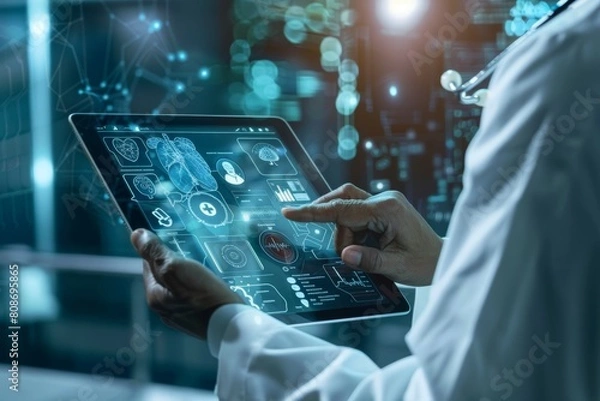 Fototapeta Digital healthcare innovation - doctor using tablet for patient data entry - medical technology