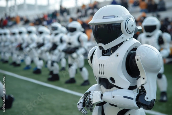 Fototapeta Humanoid robot stands forefront coaching a team of robots on a sports field, illustrating ai in athletics