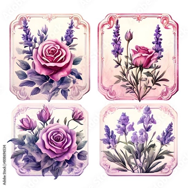 Fototapeta Beautiful vintage paper tag set with lovely roses and lavender -Generative AI