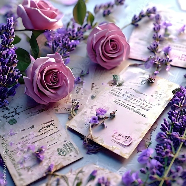 Fototapeta Beautiful vintage paper tag set with lovely roses and lavender -Generative AI