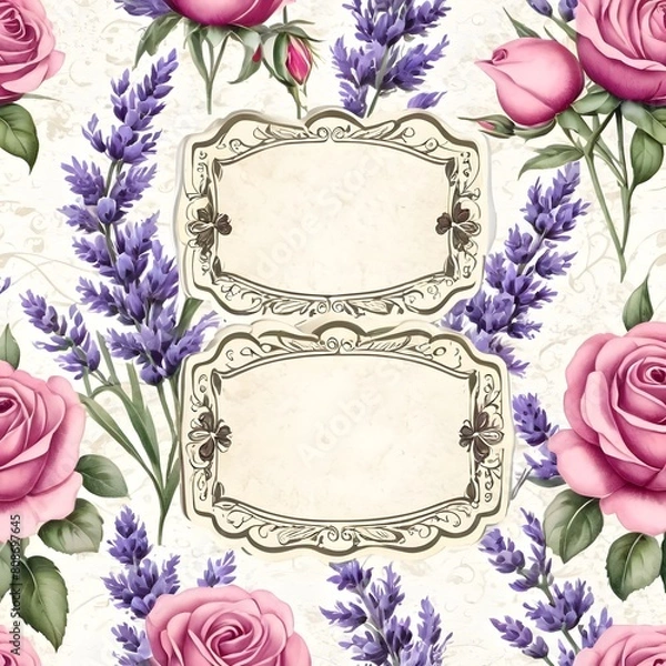 Fototapeta Beautiful vintage paper tag set with lovely roses and lavender -Generative AI