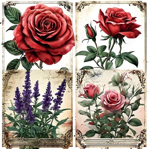 Fototapeta Beautiful vintage paper tag set with lovely roses and lavender -Generative AI