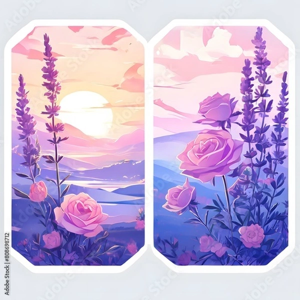Fototapeta Beautiful vintage paper tag set with lovely roses and lavender -Generative AI