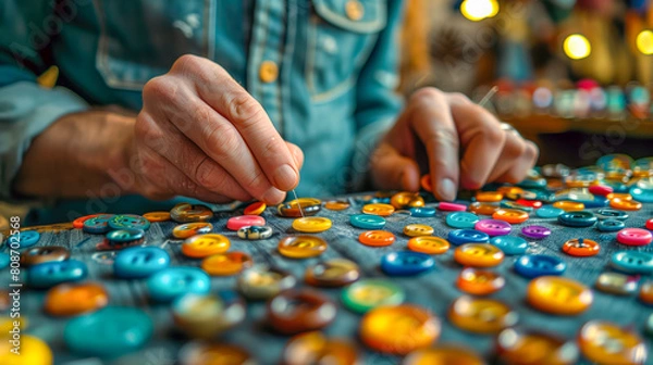 Fototapeta hands of a person sorting colorful buttons