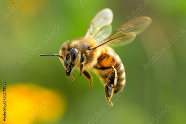 Fototapeta An image of a single honeybee in flight, with pollen grains clearly visible on its legs