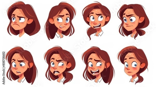 Fototapeta Happy, sad, angry, and smiling female character expression cartoon modern set. Various brunette hair teenager mood expression.