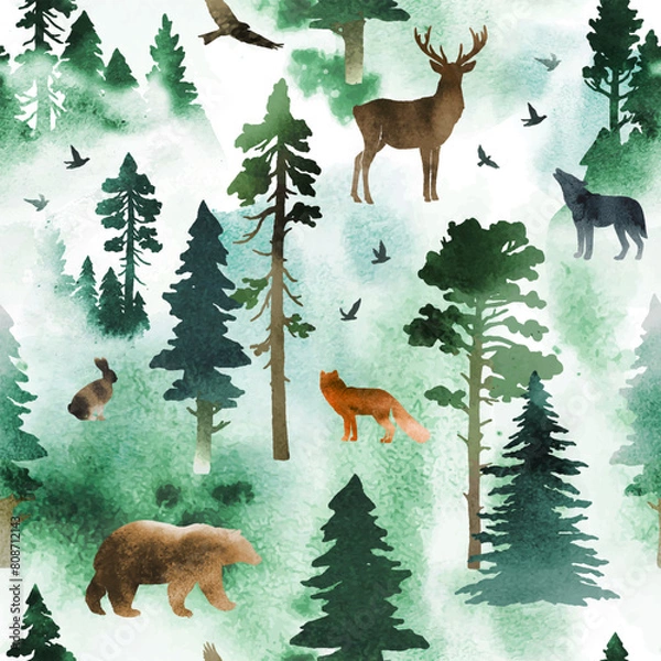 Fototapeta Watercolor vector seamless pattern with coniferous forest, animals and birds. Silhouette of trees, deer, hare, fox, wolf, bear. Nature design with for page fill, wrapping paper, web, textile print