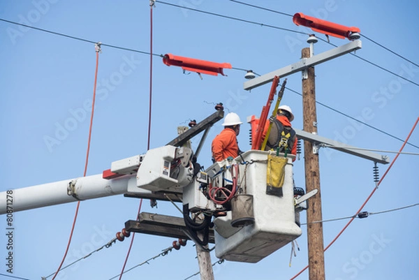 Fototapeta Aerial powerline workers