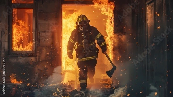 Fototapeta Firefighter in action, fighting a fire in a burnt house, Generative AI illustrations.