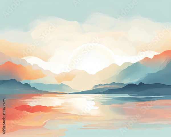 Fototapeta The peaceful lake and mountains in the distance create a beautiful landscape. The sky is ablaze with color, and the sun is setting over the horizon.