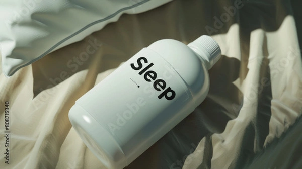 Obraz A modern sleep aid supplement bottle, branded Sileep, prominently displayed on a soft, inviting bed setting, suggesting comfort and restfulness.