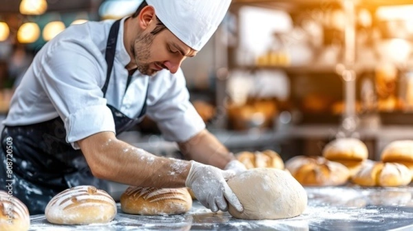 Fototapeta Professional baker kneading dough for baking fresh bread in traditional bakery setting