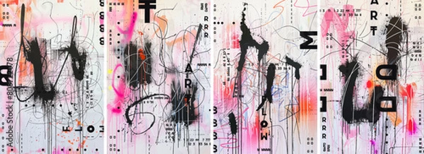 Fototapeta A series of designs on white background with black ink scribbles and splatters with neon pink accents. This vector illustration incorporates elements from street art and modern abstract art.