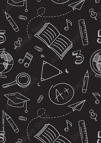 Fototapeta Back to school. Abstract blackboard. Chalk drawing on blackboard. Writing utensils pens, pencils and rulers. Doodles icons of education, science objects, office supplies. For banner, website, flyer