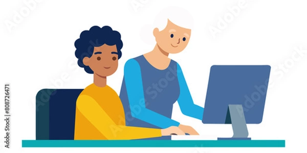 Obraz Teamwork at the Digital Workspace - two individuals collaborating at computer, symbolizing teamwork, partnership